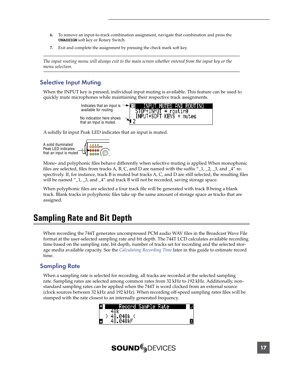 Selective input muting, Sampling rate and bit depth, Sampling rate | Sound Devices 744T User Manual | Page 23 / 90