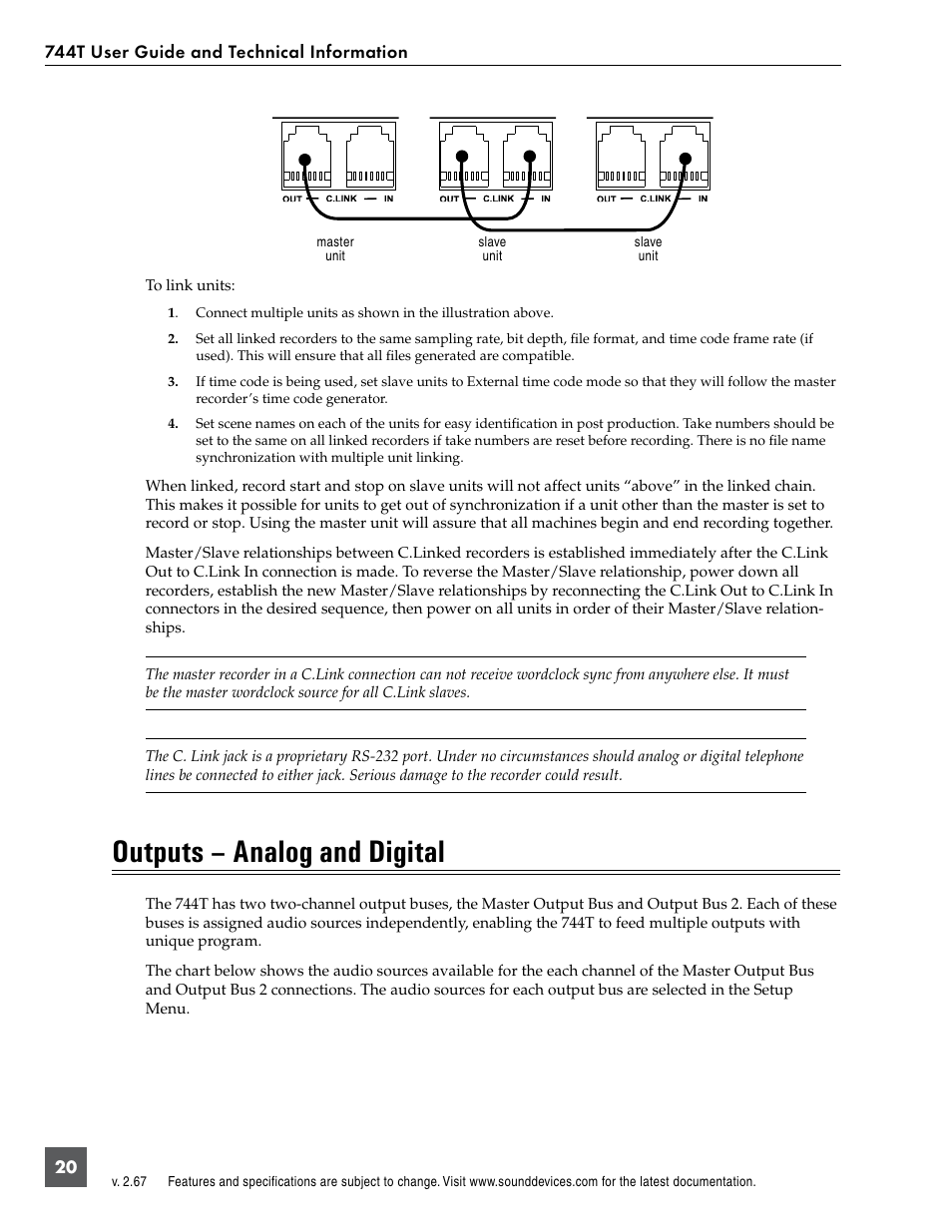 Outputs – analog and digital | Sound Devices 744T User Manual | Page 26 / 90