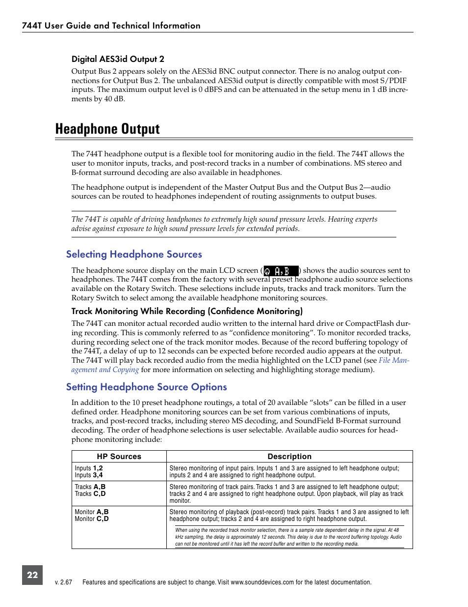Headphone output, Selecting headphone sources, Setting headphone source options | Sound Devices 744T User Manual | Page 28 / 90