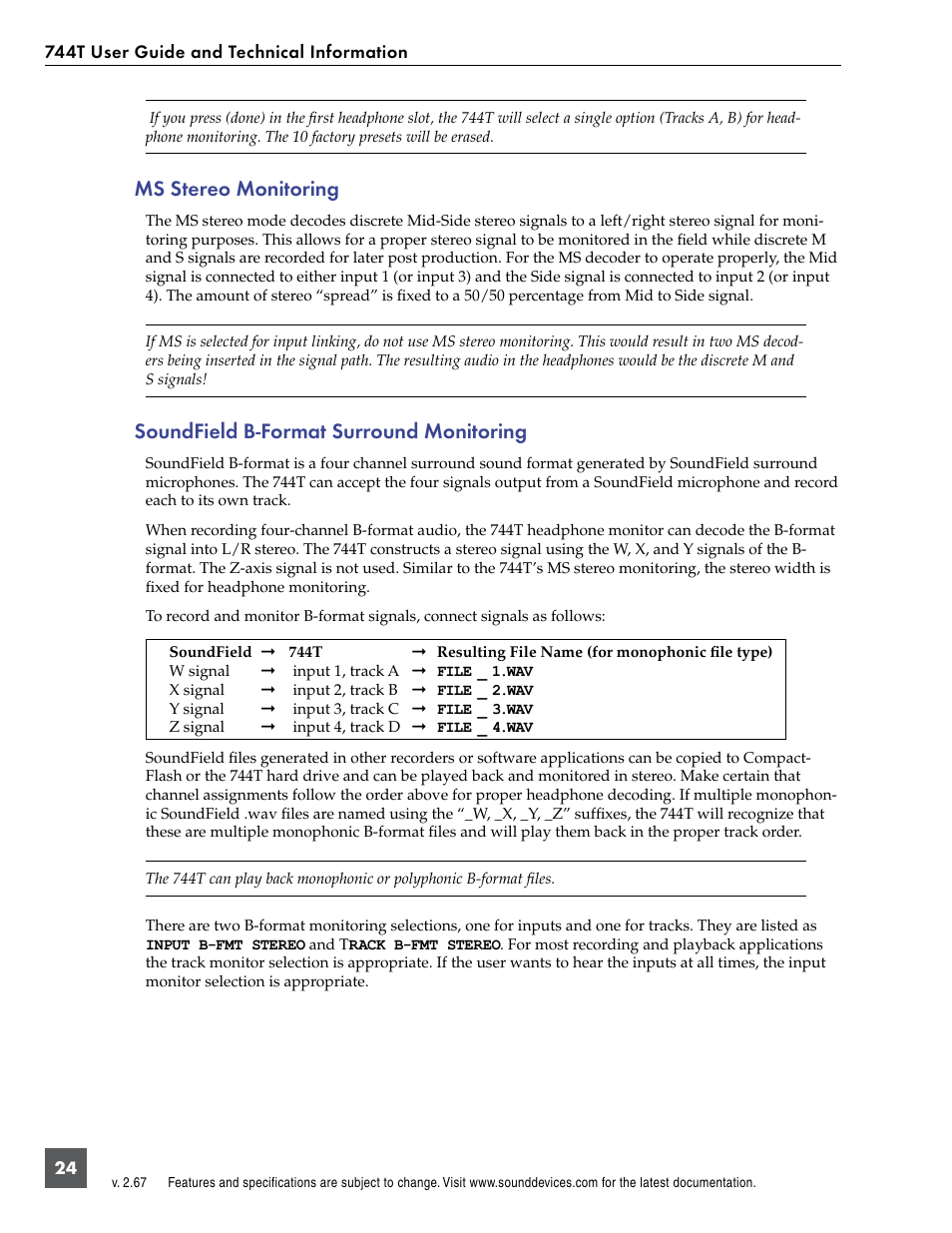 Ms stereo monitoring, Soundfield b-format surround monitoring | Sound Devices 744T User Manual | Page 30 / 90