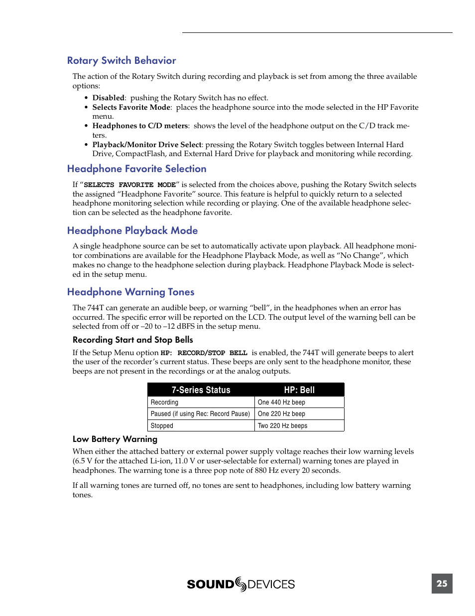 Rotary switch behavior, Headphone favorite selection, Headphone playback mode | Headphone warning tones | Sound Devices 744T User Manual | Page 31 / 90