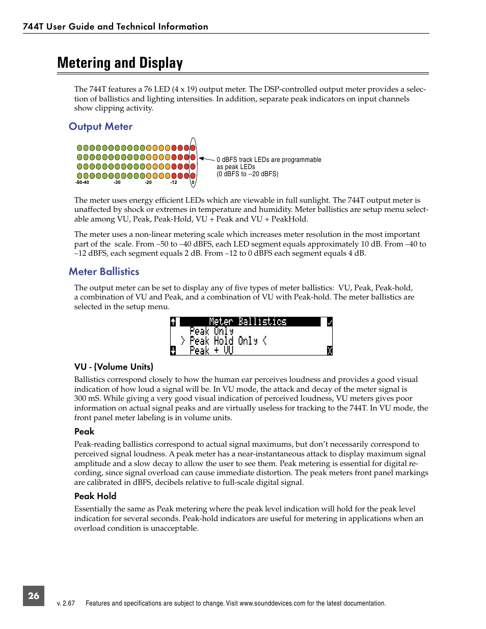 Metering and display, Output meter, Meter ballistics | Output meter meter ballistics | Sound Devices 744T User Manual | Page 32 / 90