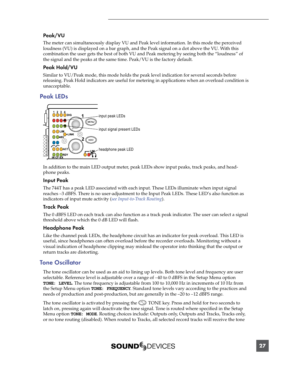 Peak leds, Tone oscillator, Peak leds tone oscillator | Sound Devices 744T User Manual | Page 33 / 90