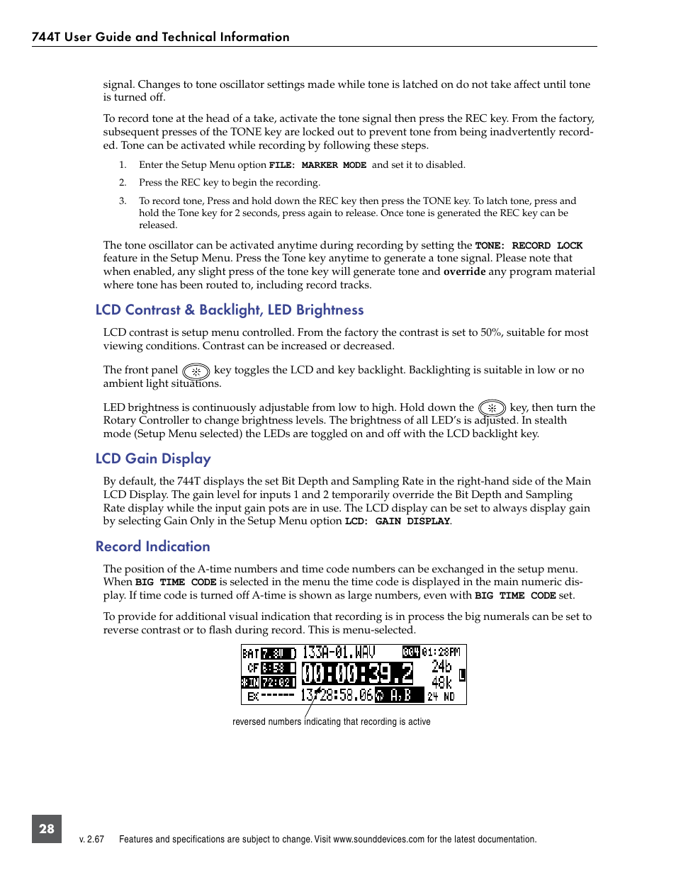 Lcd contrast & backlight, led brightness, Lcd gain display, Record indication | Sound Devices 744T User Manual | Page 34 / 90