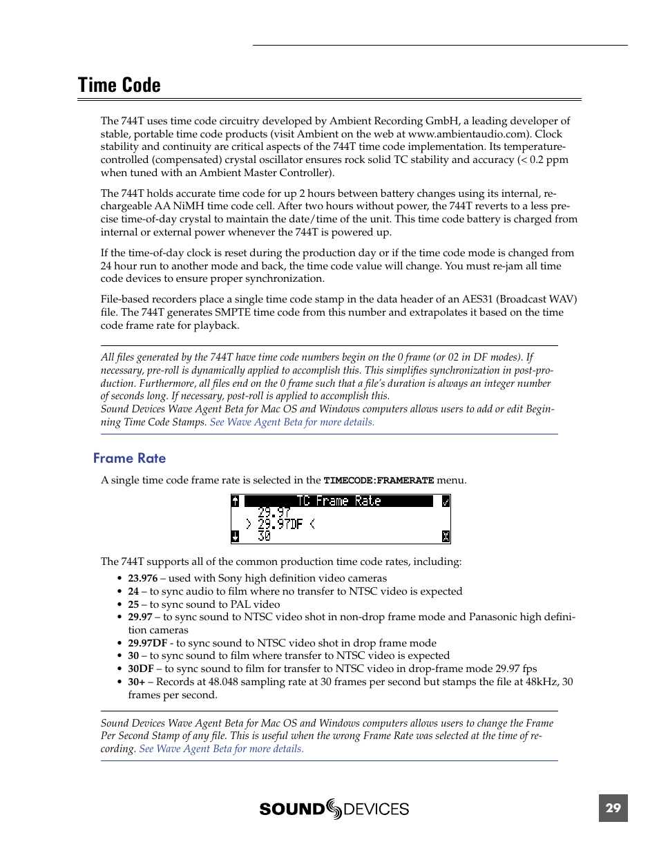 Time code, Frame rate | Sound Devices 744T User Manual | Page 35 / 90