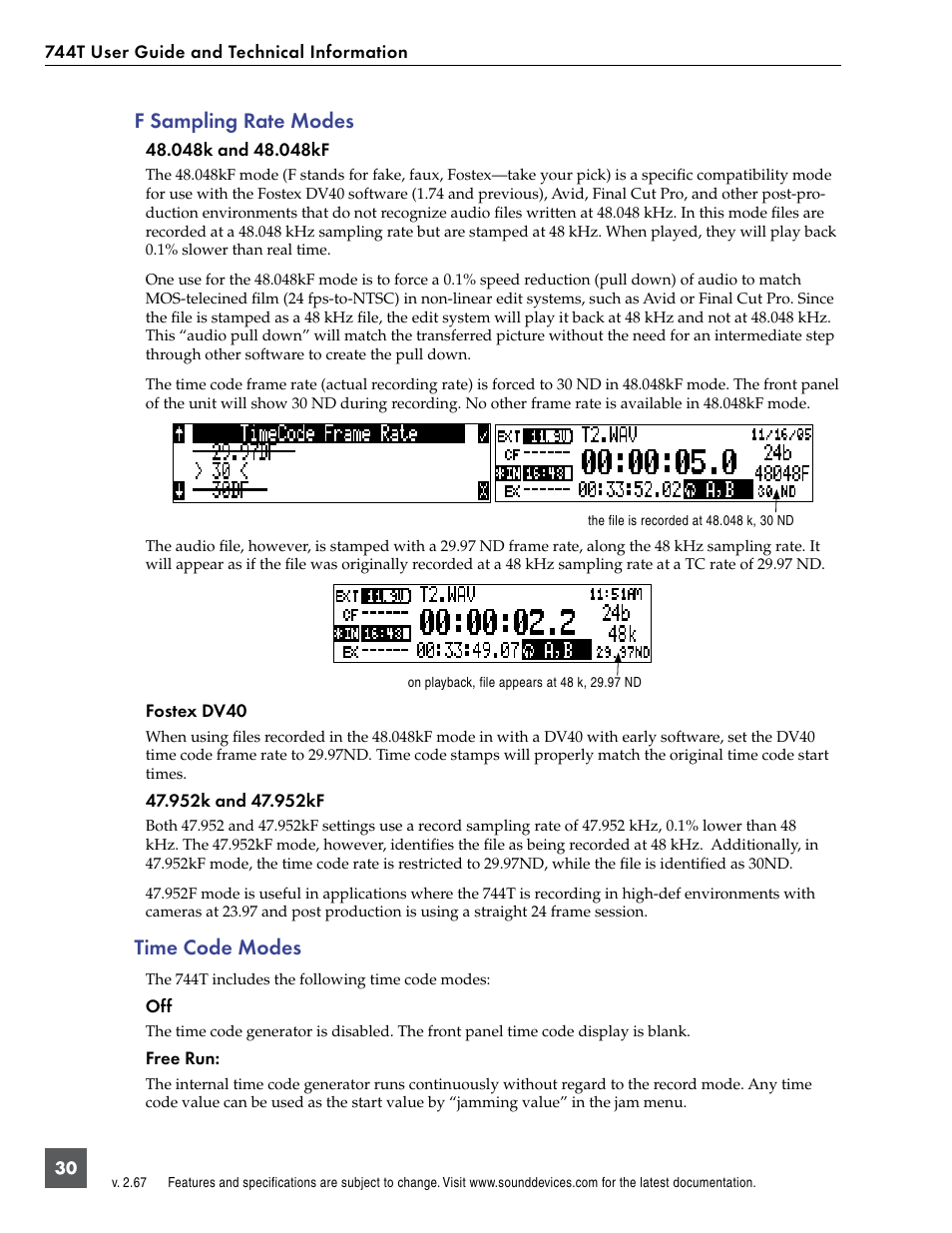 F sampling rate modes, Time code modes, F sampling rate modes time code modes | Sound Devices 744T User Manual | Page 36 / 90