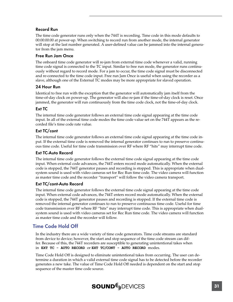 Time code hold off | Sound Devices 744T User Manual | Page 37 / 90