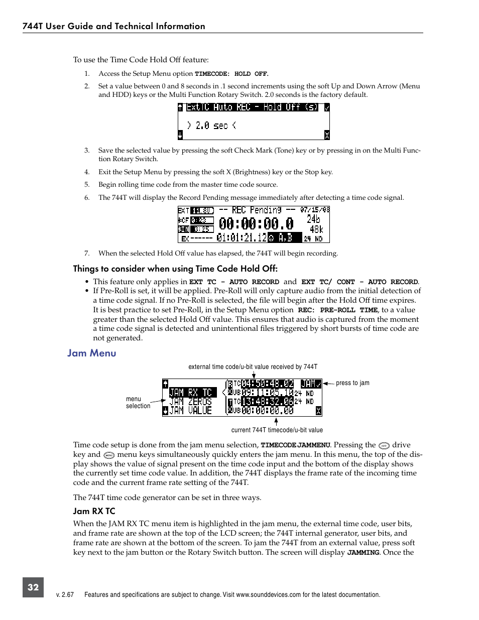 Jam menu | Sound Devices 744T User Manual | Page 38 / 90