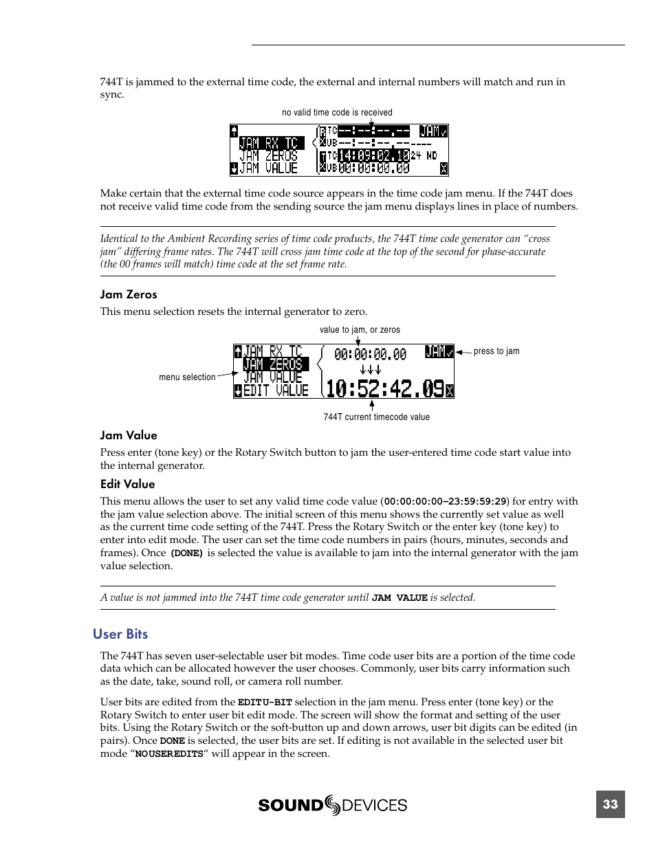 User bits | Sound Devices 744T User Manual | Page 39 / 90