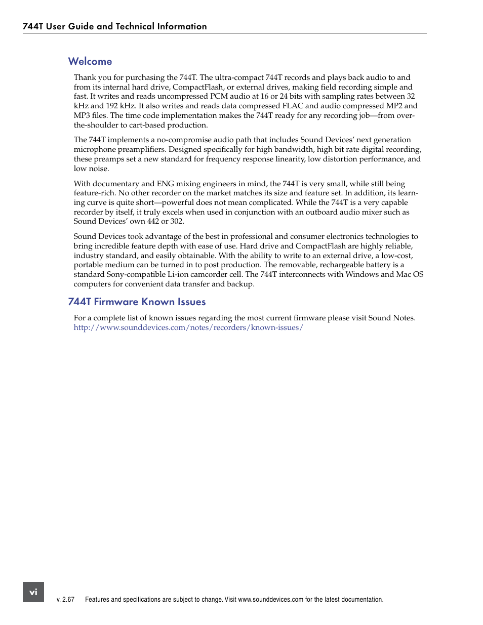 Welcome, 744t firmware known issues | Sound Devices 744T User Manual | Page 4 / 90