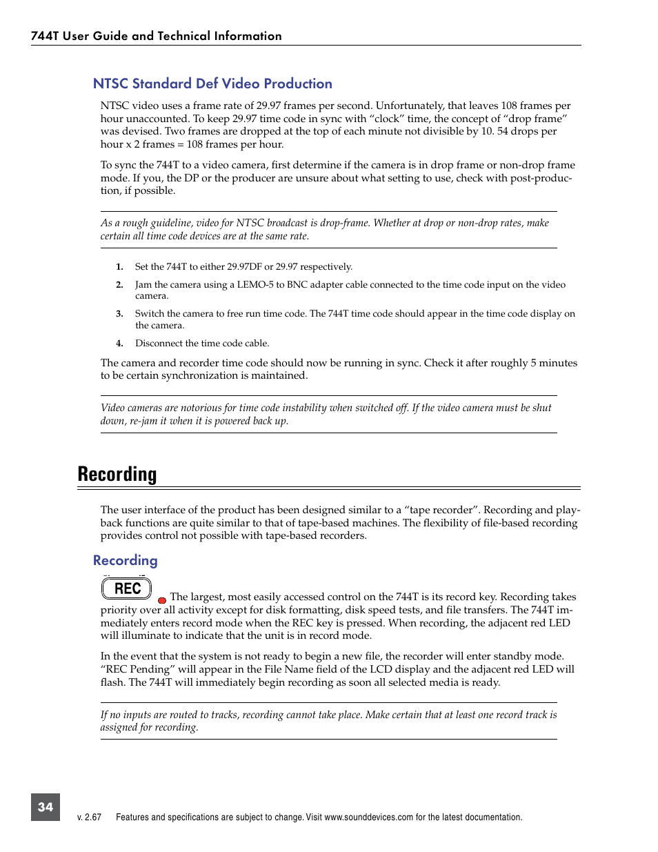 Ntsc standard def video production, Recording | Sound Devices 744T User Manual | Page 40 / 90