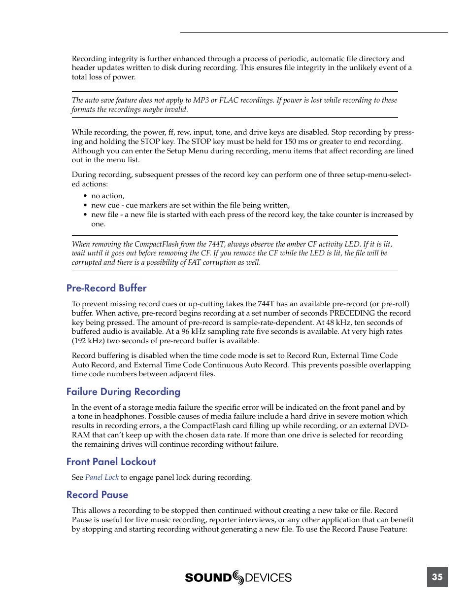Pre-record buffer, Failure during recording, Record pause | Front panel lockout | Sound Devices 744T User Manual | Page 41 / 90