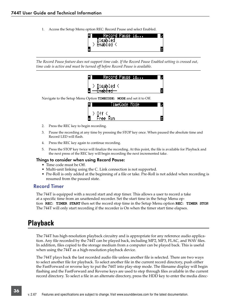 Record timer, Playback | Sound Devices 744T User Manual | Page 42 / 90