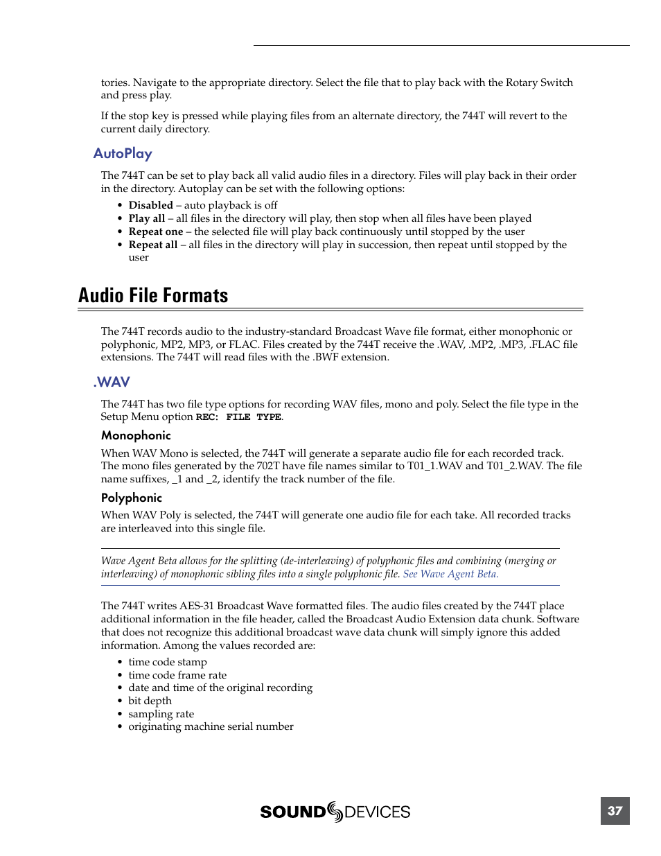 Autoplay, Audio file formats | Sound Devices 744T User Manual | Page 43 / 90