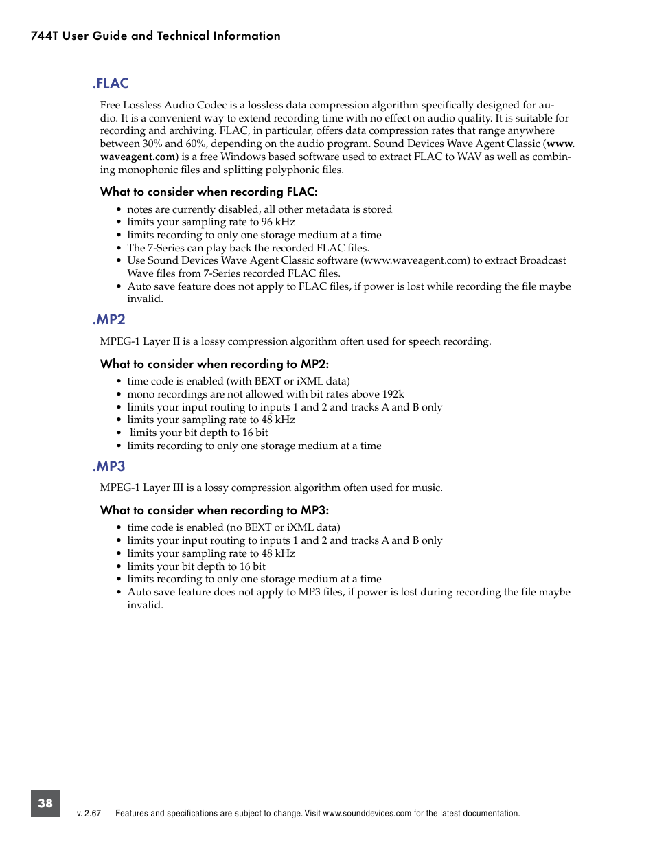 Flac, Flac .mp2 .mp3 | Sound Devices 744T User Manual | Page 44 / 90