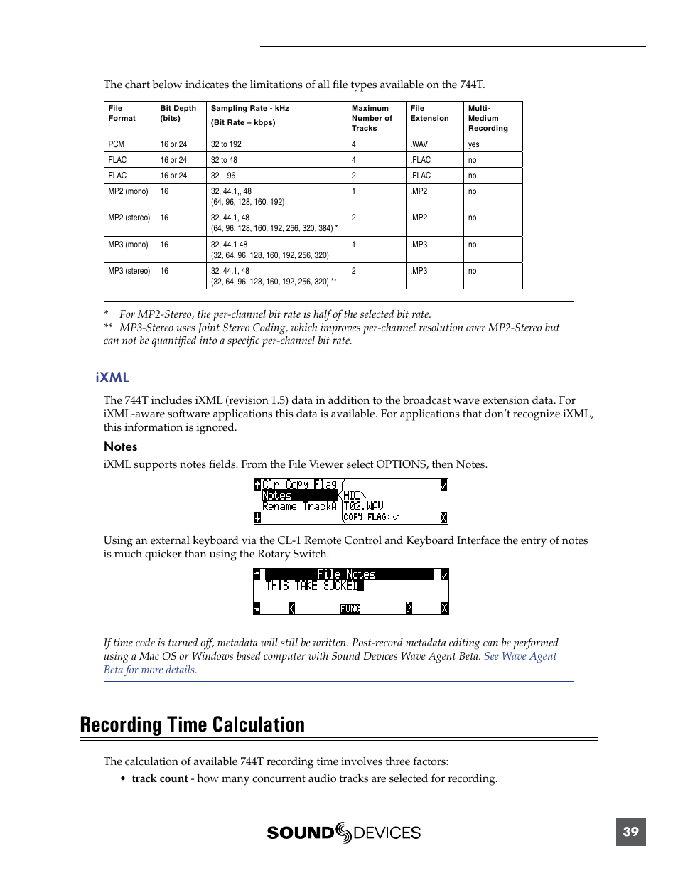 Ixml, Recording time calculation | Sound Devices 744T User Manual | Page 45 / 90
