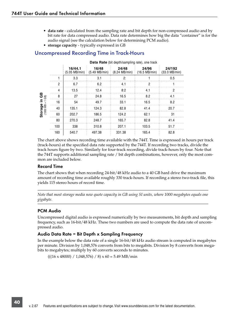 Uncompressed recording time in track-hours, Record time, Pcm audio | Audio data rate = bit depth x sampling frequency | Sound Devices 744T User Manual | Page 46 / 90