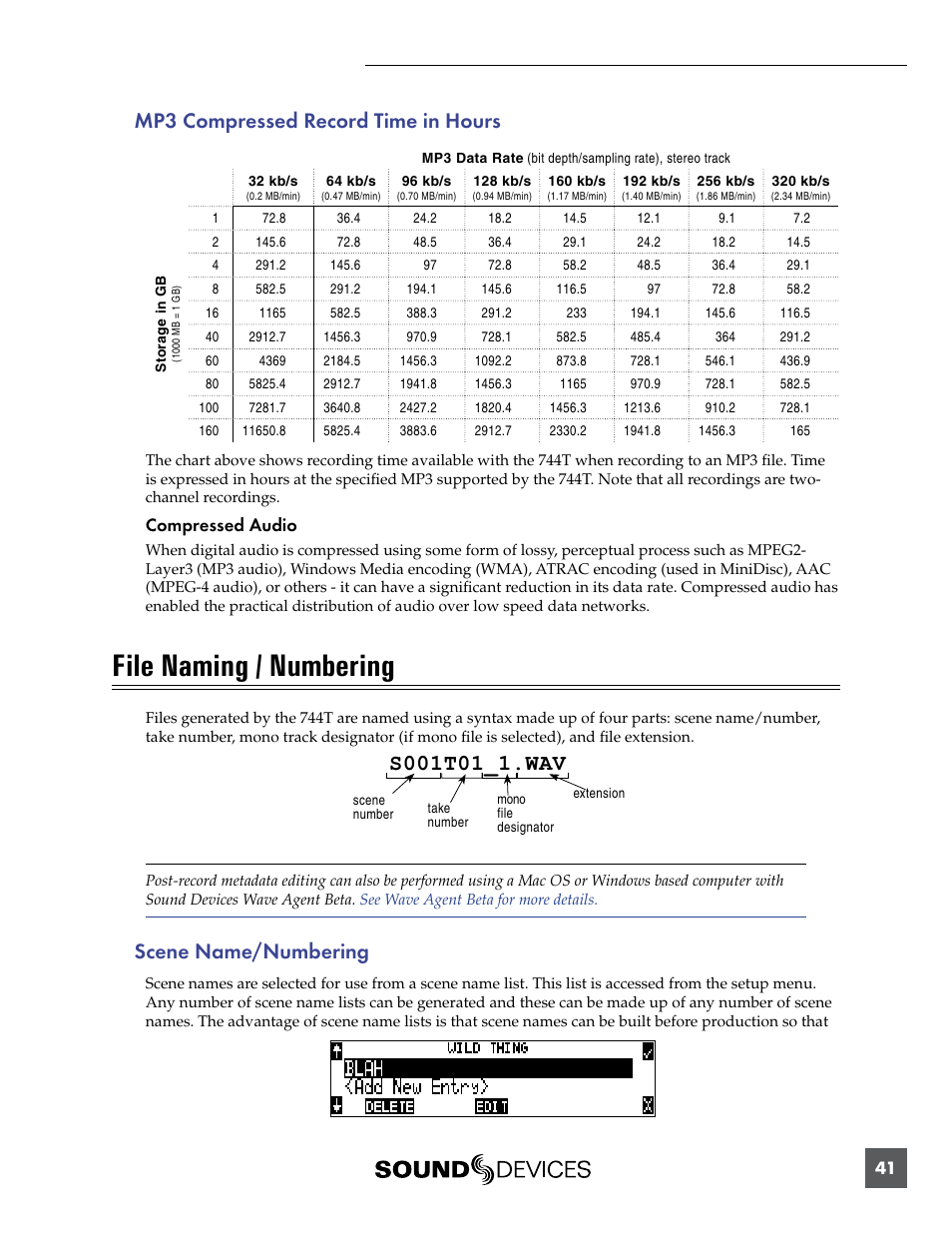 Mp3 compressed record time in hours, File naming / numbering, Scene name/numbering | Compressed audio | Sound Devices 744T User Manual | Page 47 / 90