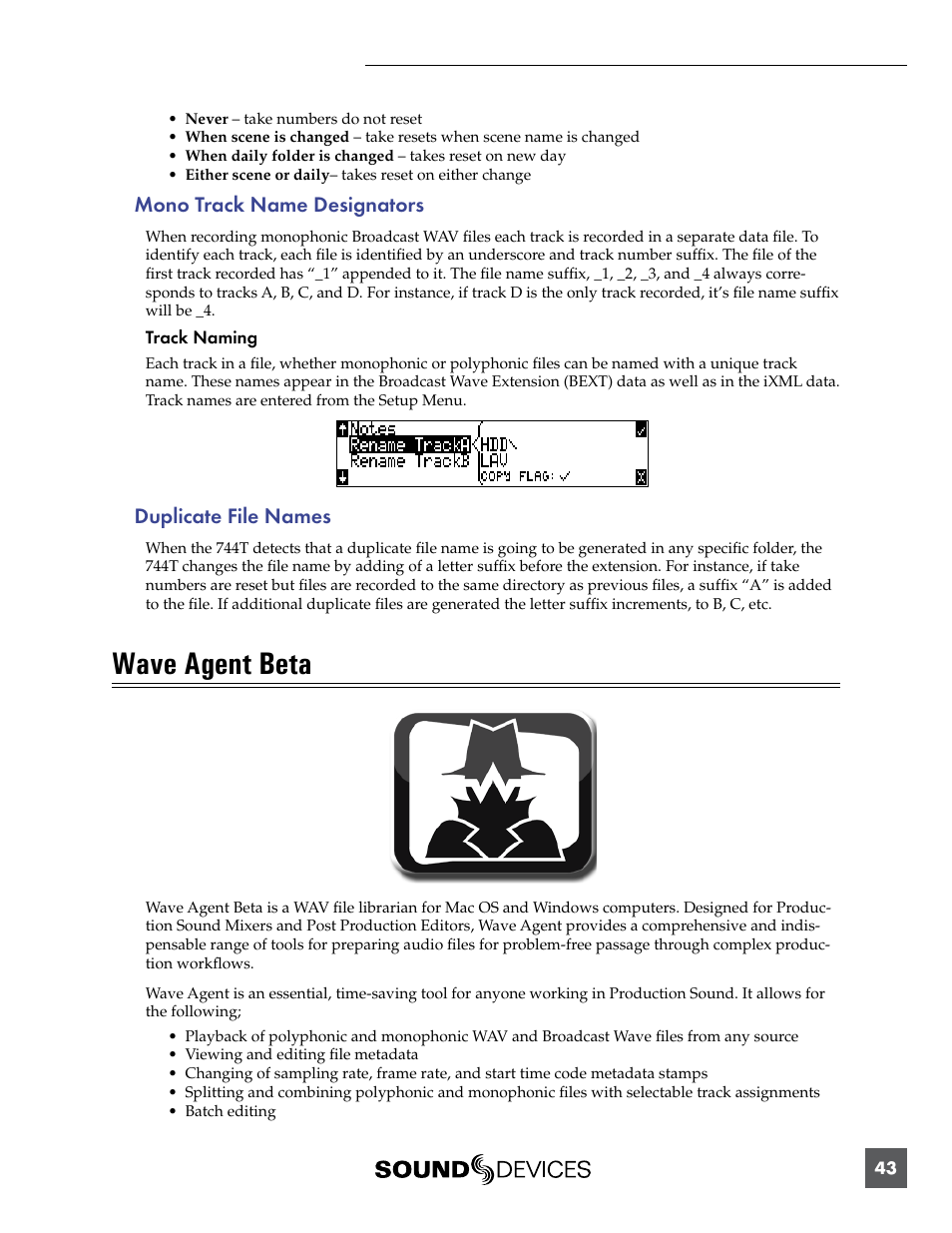 Mono track name designators, Duplicate file names, Wave agent beta | Mono track name designators duplicate file names | Sound Devices 744T User Manual | Page 49 / 90