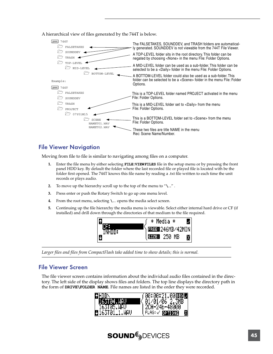 File viewer navigation, File viewer screen, File viewer navigation file viewer screen | Sound Devices 744T User Manual | Page 51 / 90
