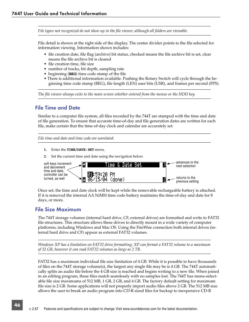 File time and date, File size maximum, File time and date file size maximum | Sound Devices 744T User Manual | Page 52 / 90