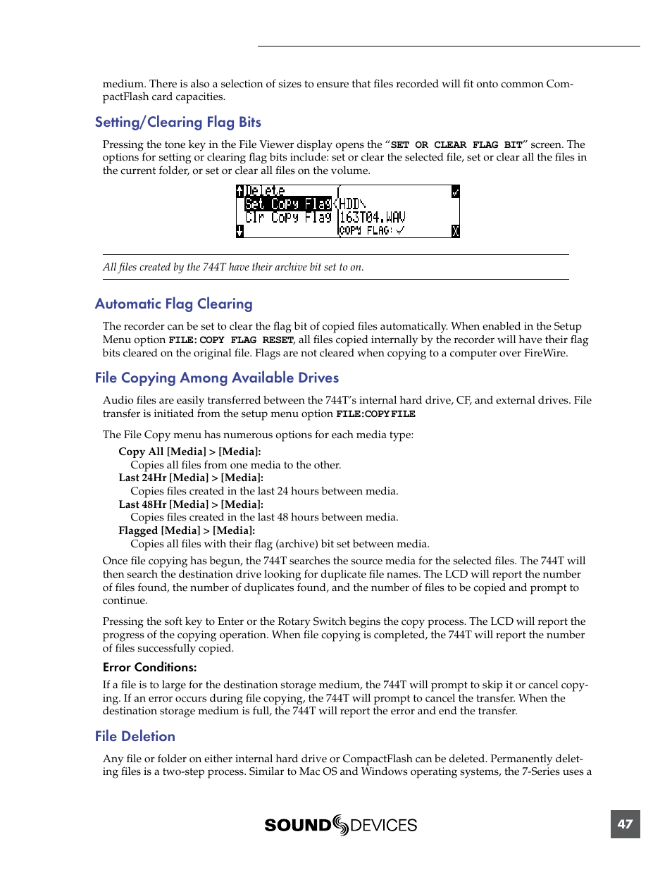 Setting/clearing flag bits, Automatic flag clearing, File copying among available drives | File deletion | Sound Devices 744T User Manual | Page 53 / 90