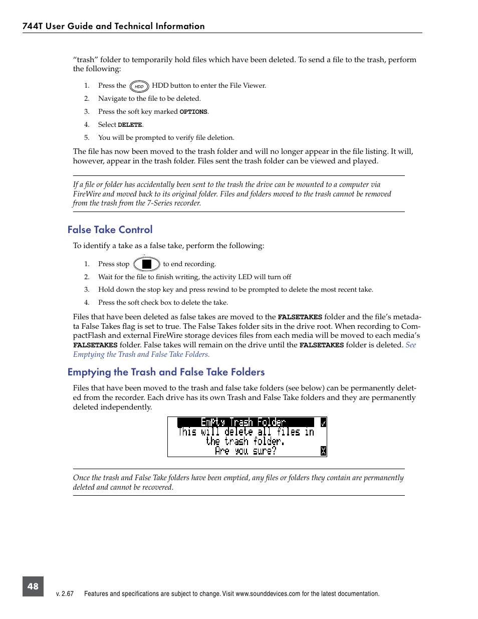 False take control, Emptying the trash and false take folders | Sound Devices 744T User Manual | Page 54 / 90