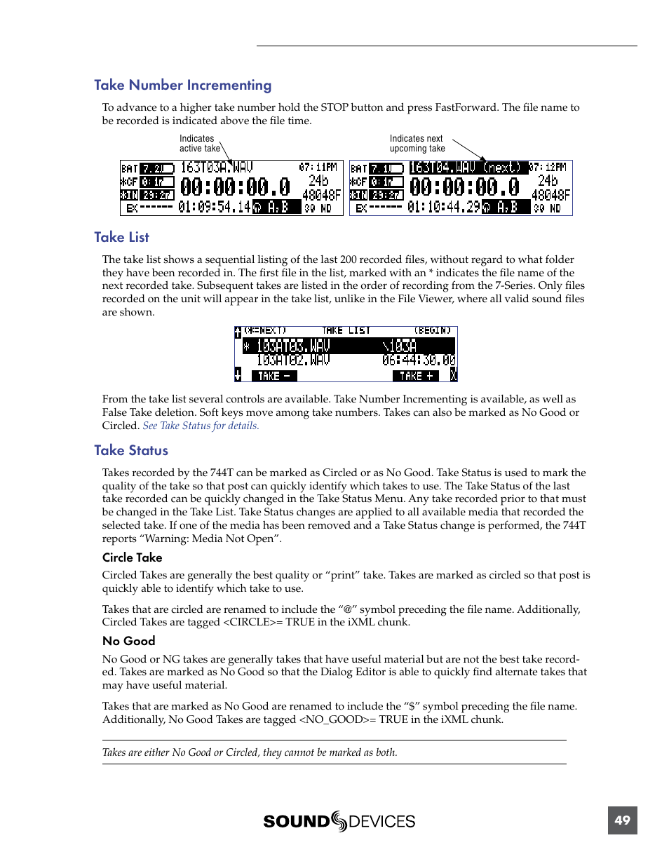 Take number incrementing, Take list, Take status | Take number incrementing take list take status | Sound Devices 744T User Manual | Page 55 / 90