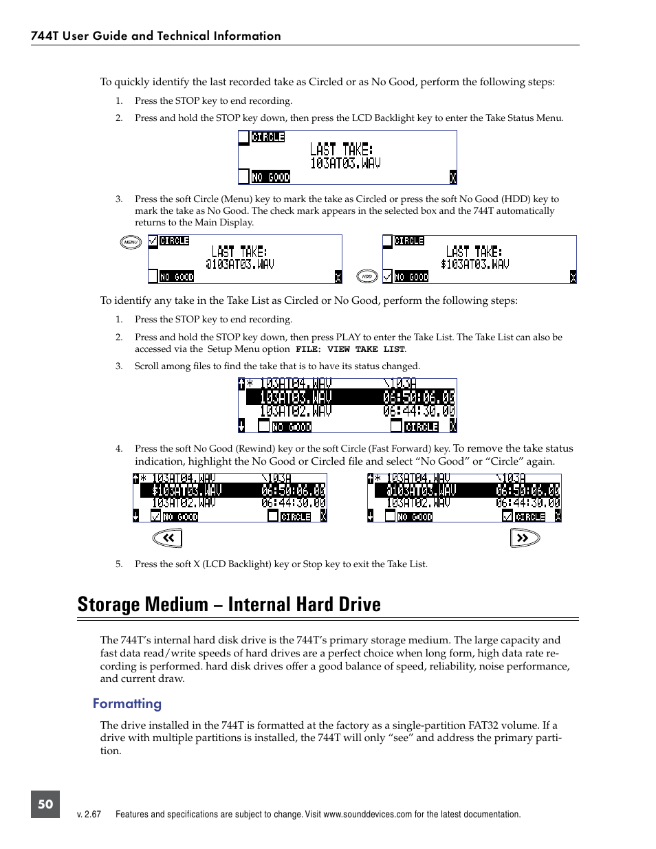 Storage medium – internal hard drive, Formatting | Sound Devices 744T User Manual | Page 56 / 90