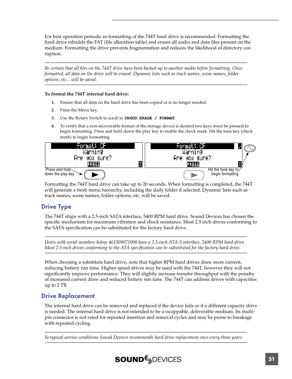 Drive type, Drive replacement, Drive type drive replacement | Sound Devices 744T User Manual | Page 57 / 90