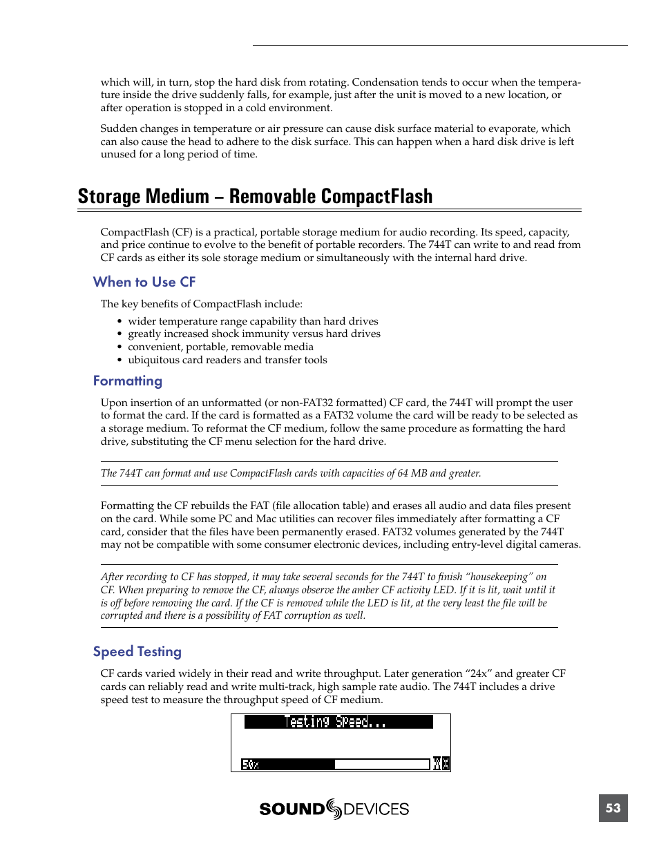 Storage medium – removable compactflash, When to use cf, Formatting | Speed testing, When to use cf formatting speed testing | Sound Devices 744T User Manual | Page 59 / 90