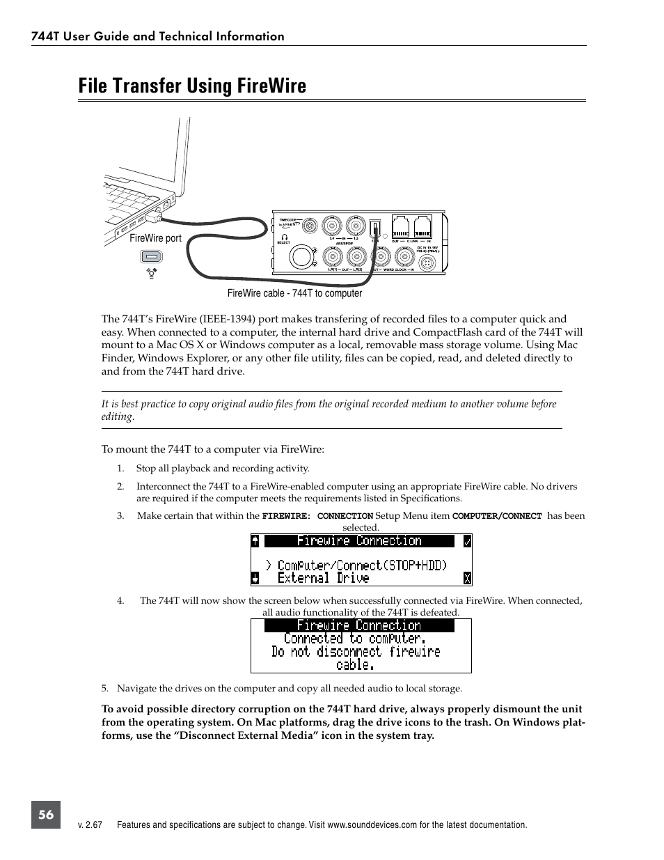 File transfer using firewire | Sound Devices 744T User Manual | Page 62 / 90