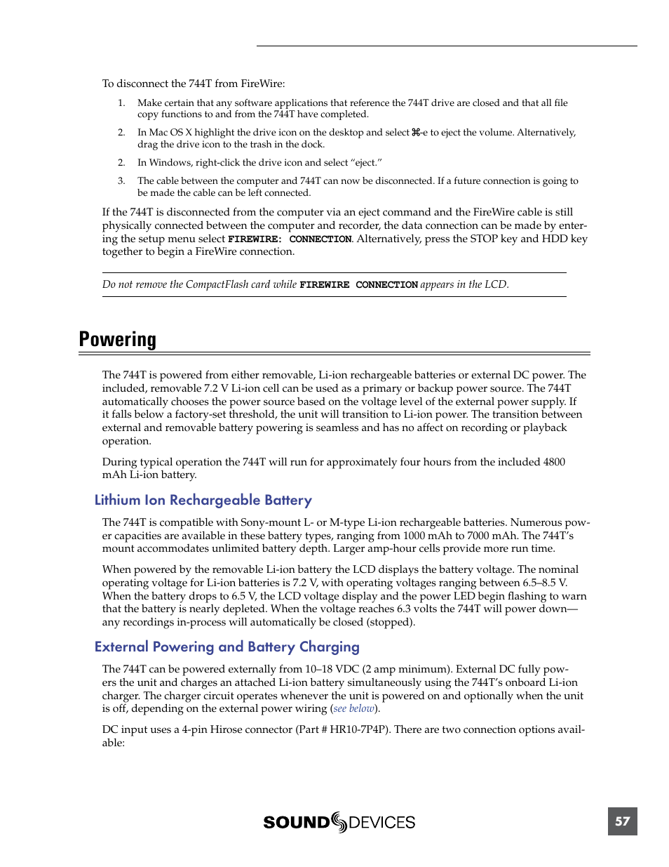 Powering, Lithium ion rechargeable battery, External powering and battery charging | Sound Devices 744T User Manual | Page 63 / 90