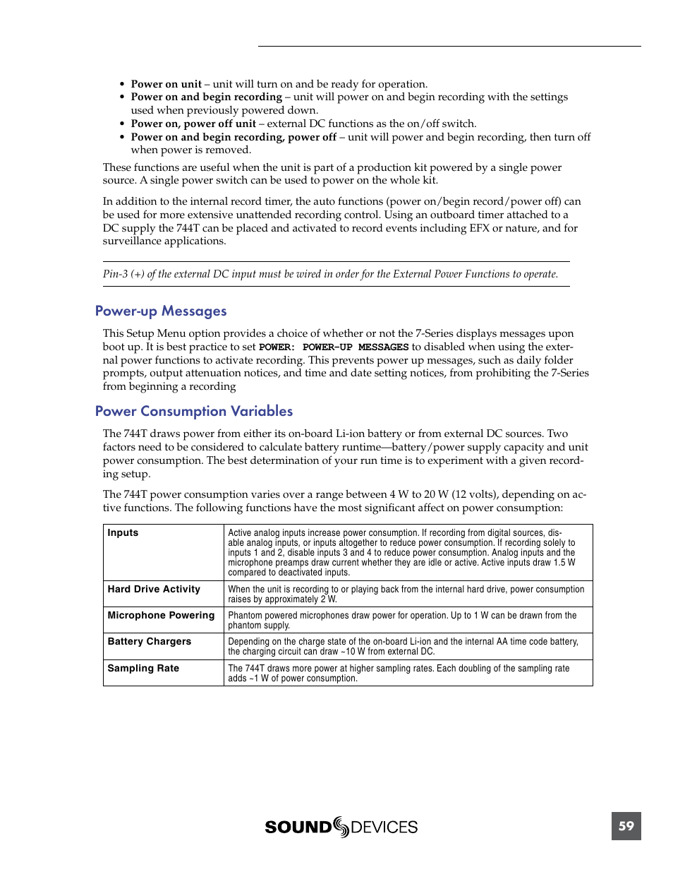 Power-up messages, Power consumption variables, Power-up messages power consumption variables | Sound Devices 744T User Manual | Page 65 / 90