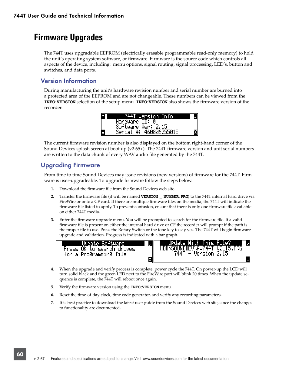 Firmware upgrades, Version information, Upgrading firmware | Version information upgrading firmware | Sound Devices 744T User Manual | Page 66 / 90
