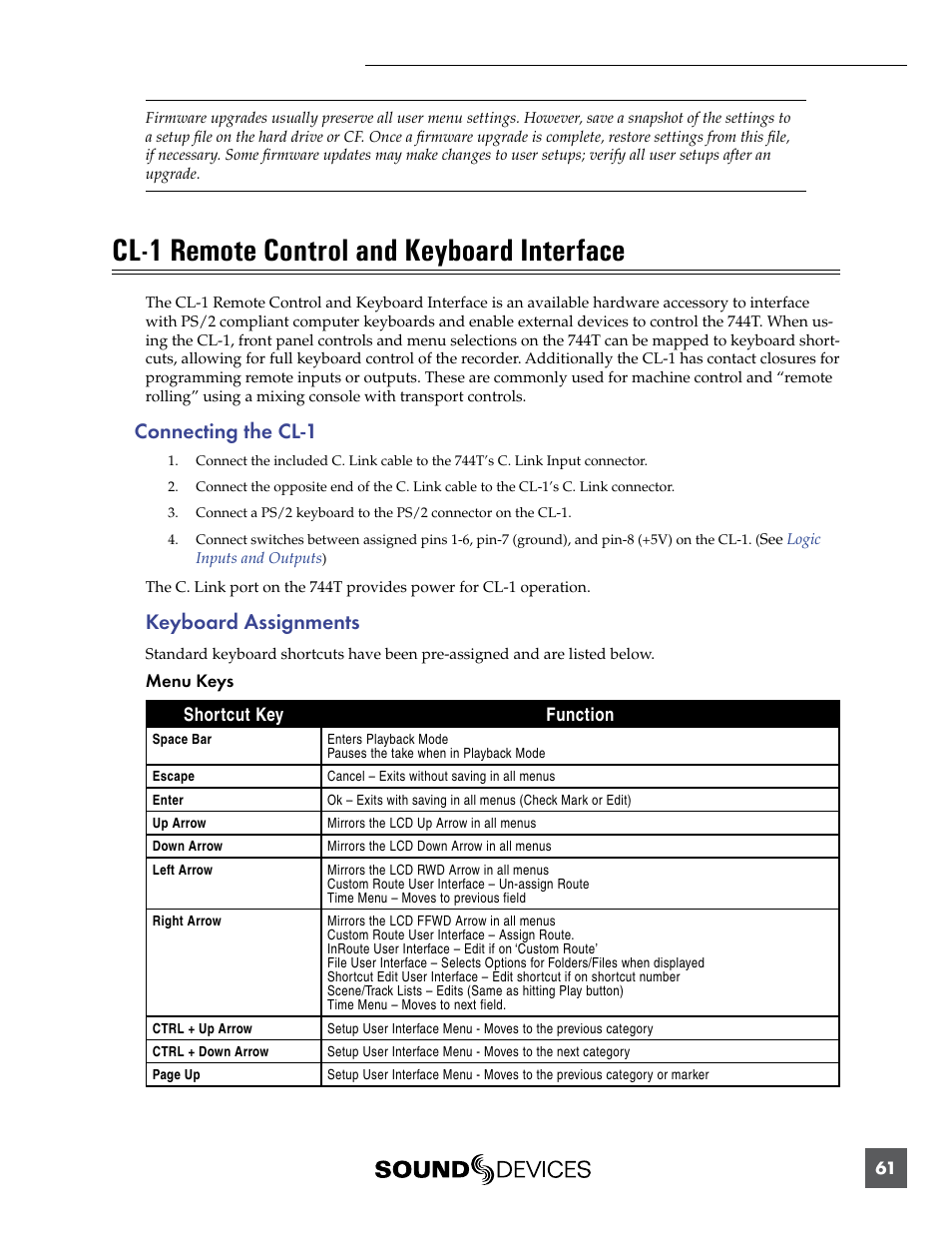 Cl-1 remote control and keyboard interface, Connecting the cl-1, Keyboard assignments | Sound Devices 744T User Manual | Page 67 / 90