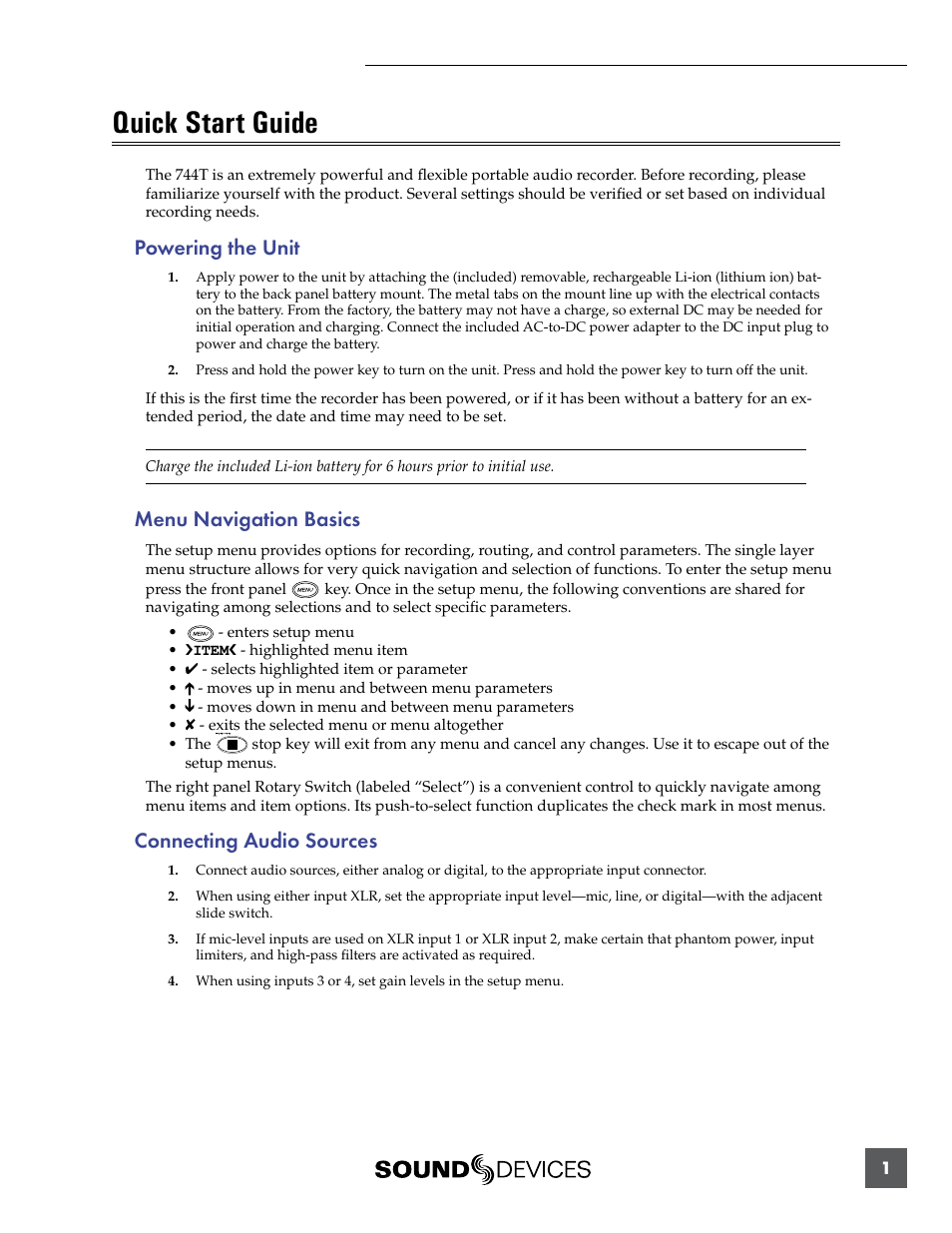 Quick start guide, Powering the unit, Menu navigation basics | Connecting audio sources | Sound Devices 744T User Manual | Page 7 / 90