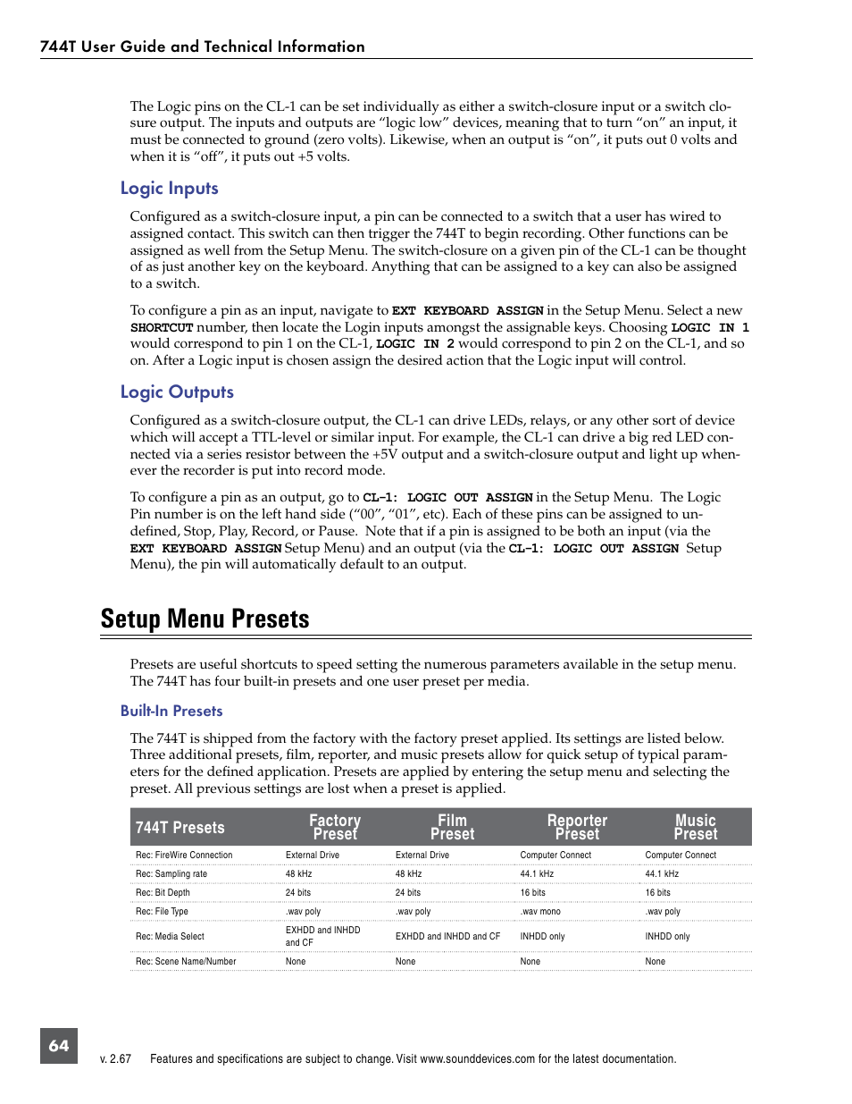 Logic inputs, Logic outputs, Setup menu presets | Built-in presets, Logic inputs logic outputs | Sound Devices 744T User Manual | Page 70 / 90