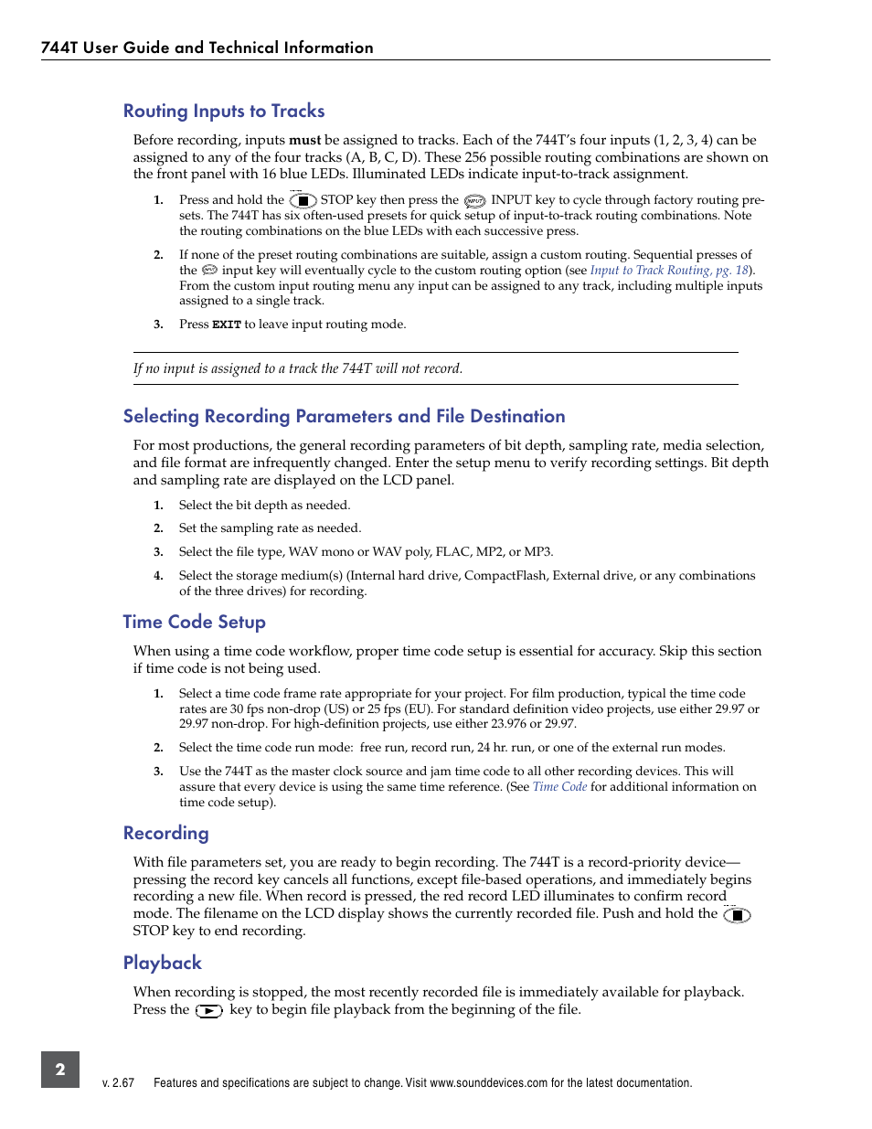 Routing inputs to tracks, Time code setup, Recording | Playback | Sound Devices 744T User Manual | Page 8 / 90