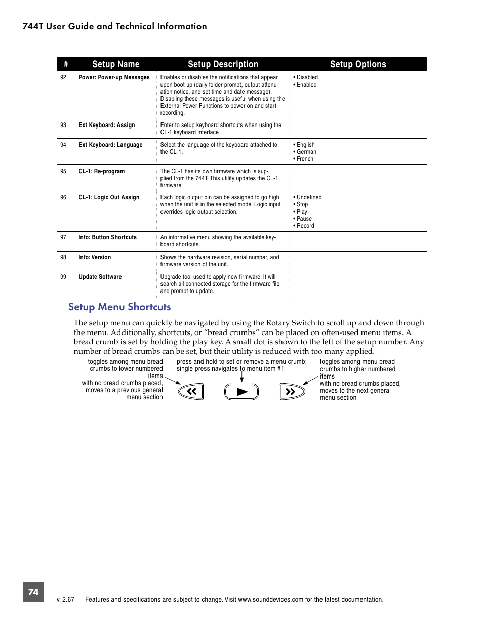 Setup menu shortcuts, Setup name setup description setup options | Sound Devices 744T User Manual | Page 80 / 90