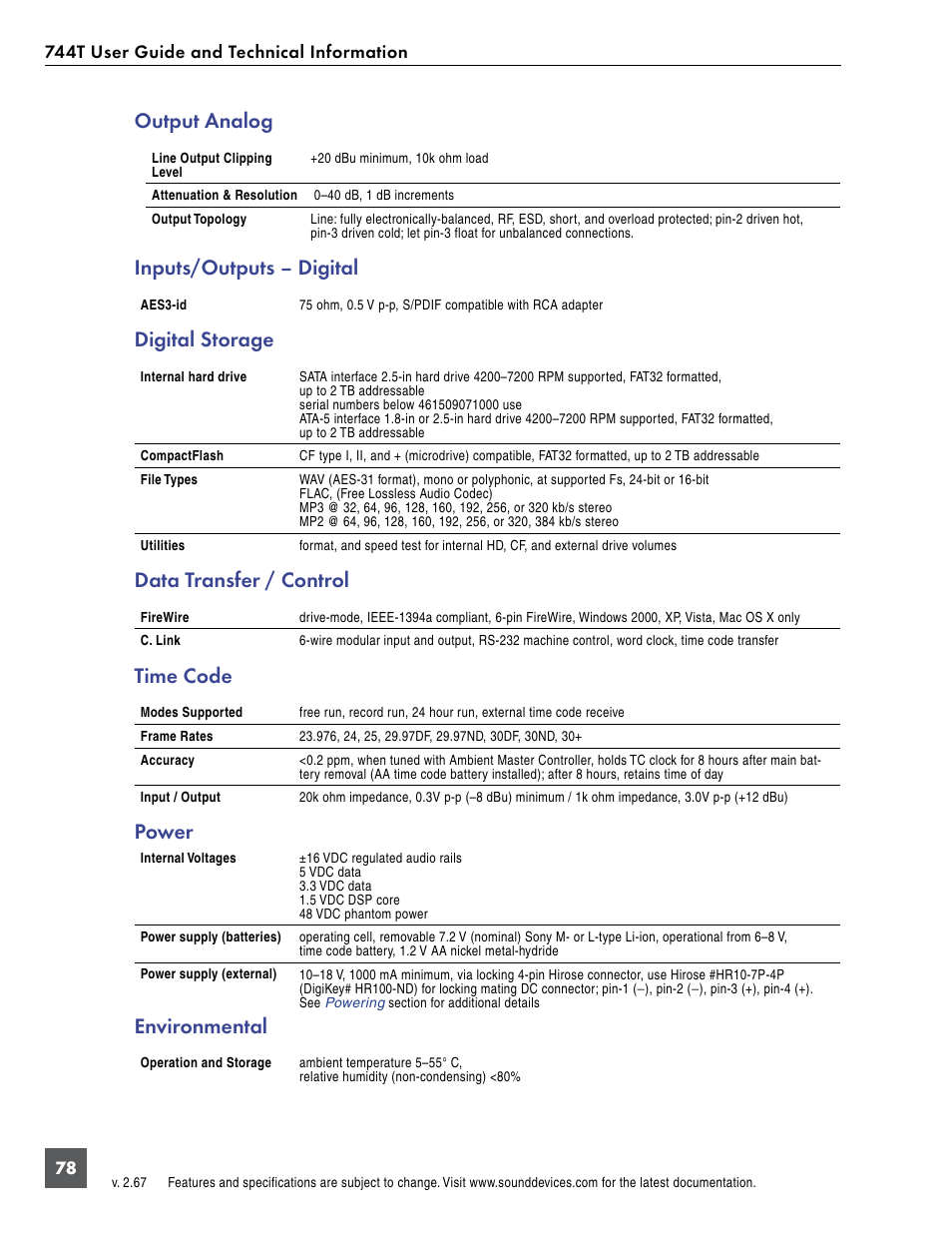 Output analog, Inputs/outputs – digital, Digital storage | Data transfer / control, Time code, Power, Environmental | Sound Devices 744T User Manual | Page 84 / 90