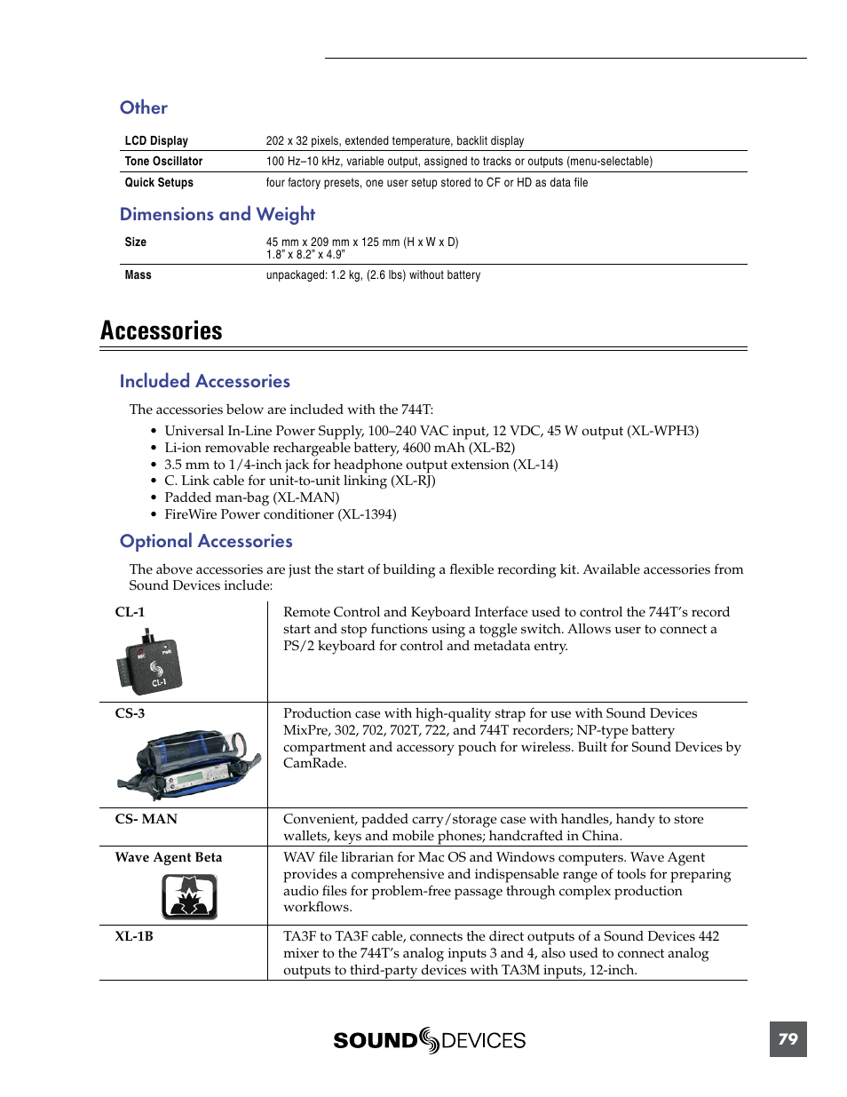 Accessories, Other, Dimensions and weight | Included accessories, Optional accessories | Sound Devices 744T User Manual | Page 85 / 90