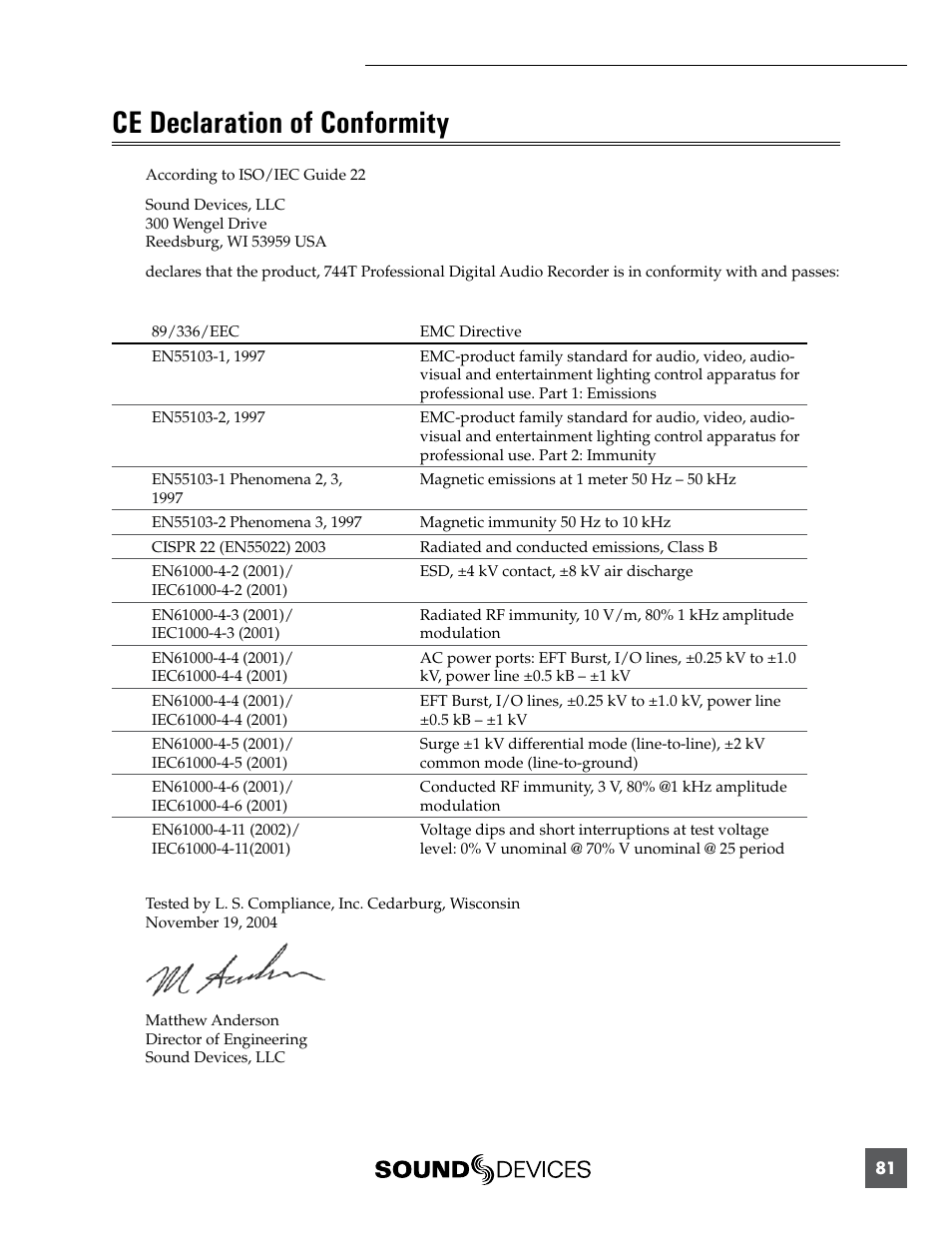 Ce declaration of conformity | Sound Devices 744T User Manual | Page 87 / 90