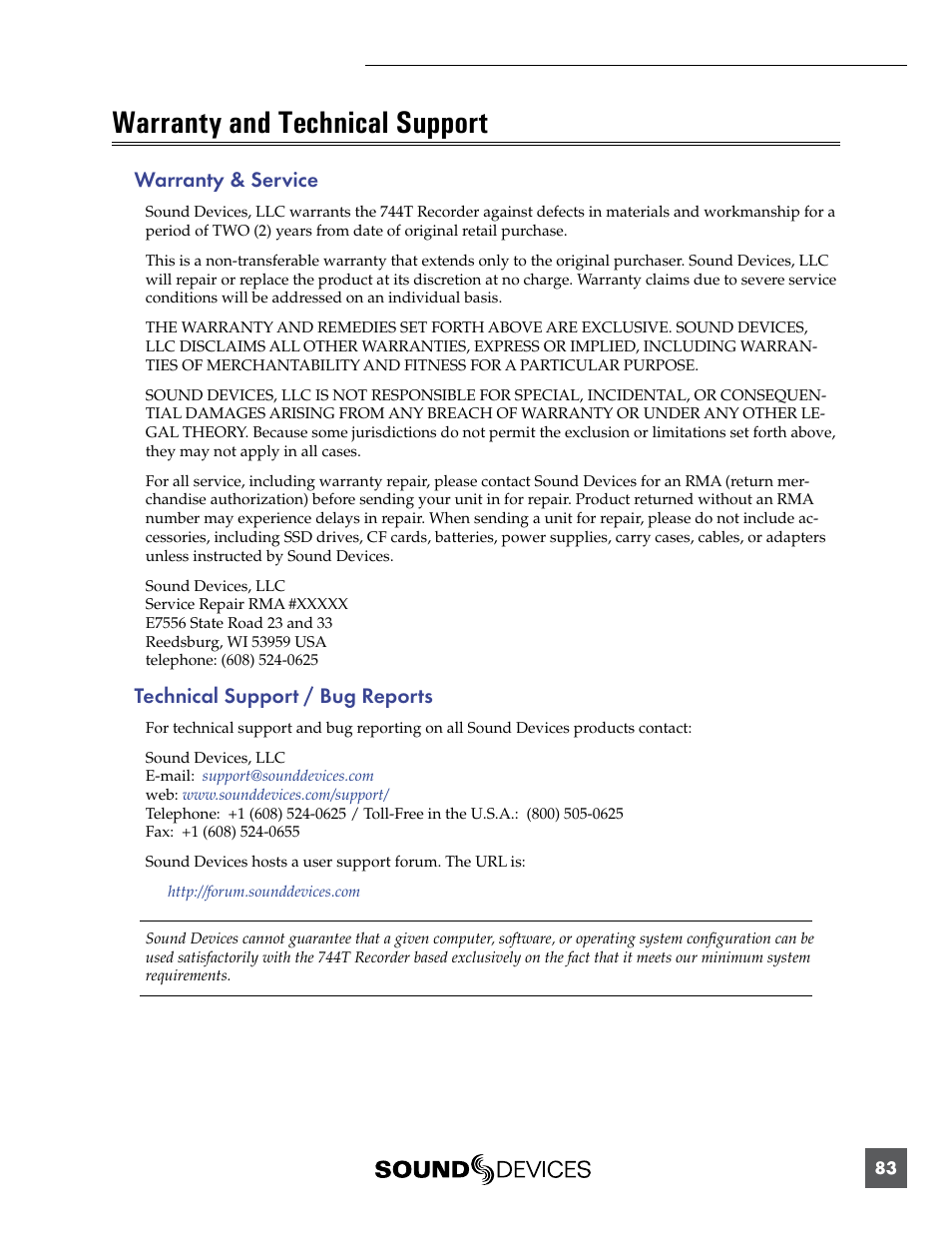Warranty and technical support, Warranty & service, Technical support / bug reports | Sound Devices 744T User Manual | Page 89 / 90