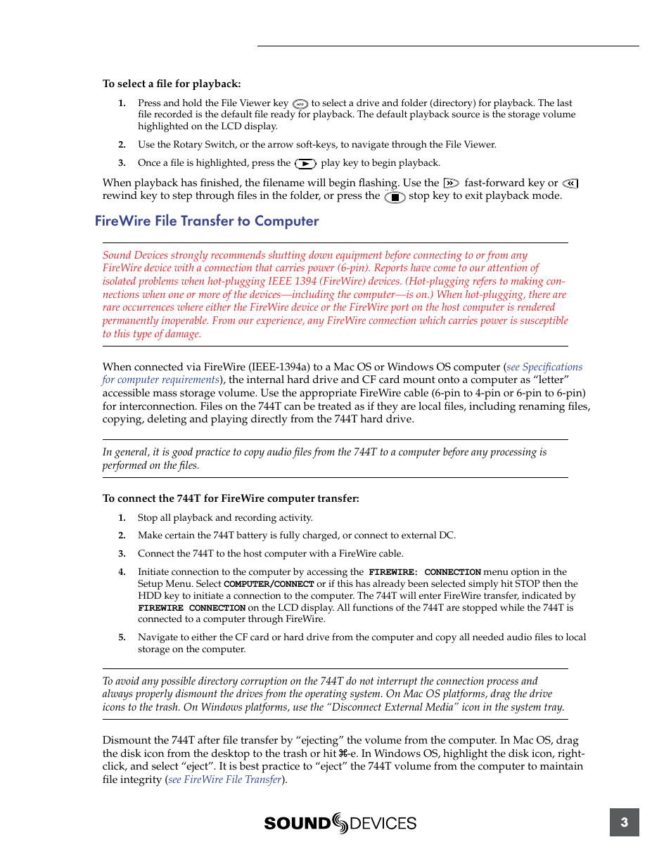 Firewire file transfer to computer | Sound Devices 744T User Manual | Page 9 / 90