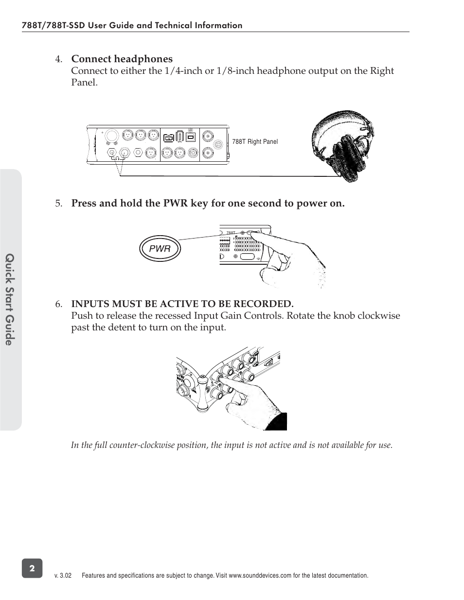 Quic k s tar t guide, Connect headphones, 788t right panel | Sound Devices 788T User Manual | Page 10 / 180