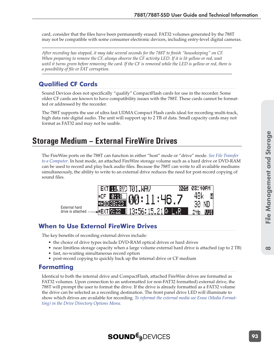 Storage medium – external firewire drives, File management and s torage 8 | Sound Devices 788T User Manual | Page 101 / 180