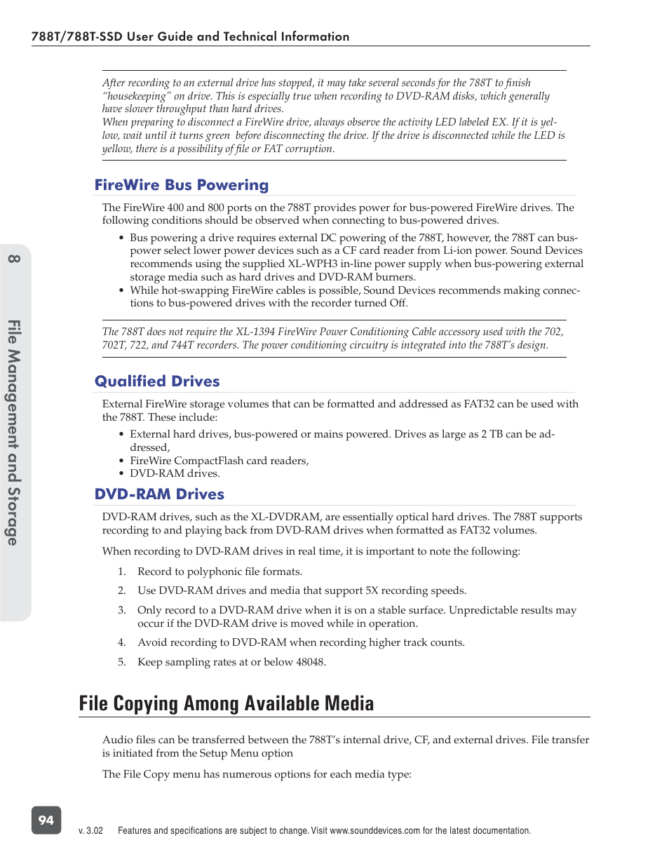 File copying among available media, File management and s torage 8, Firewire bus powering | Qualified drives, Dvd-ram drives | Sound Devices 788T User Manual | Page 102 / 180