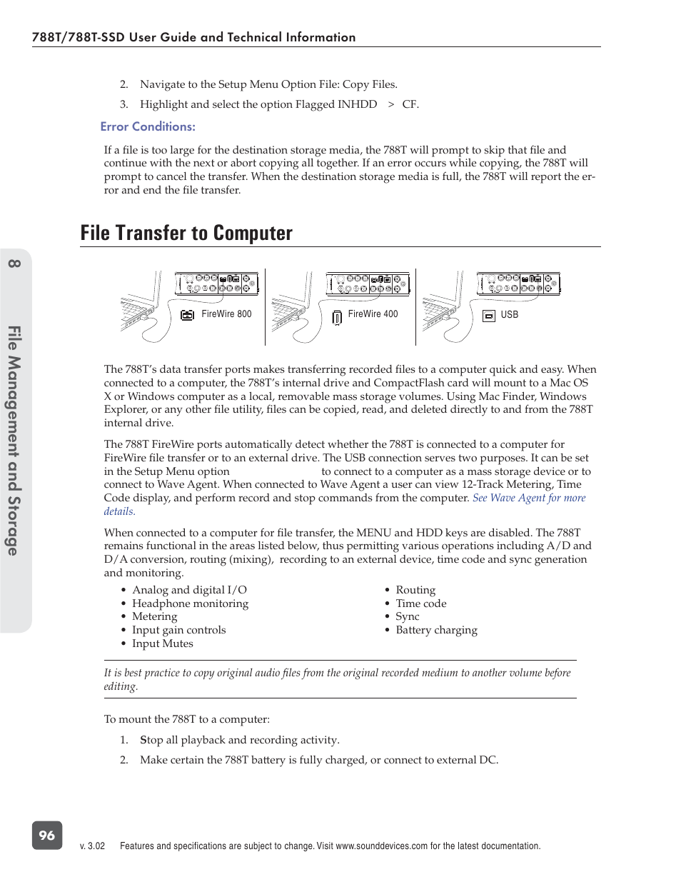 File transfer to computer, File management and s torage 8, Error conditions | Sound Devices 788T User Manual | Page 104 / 180