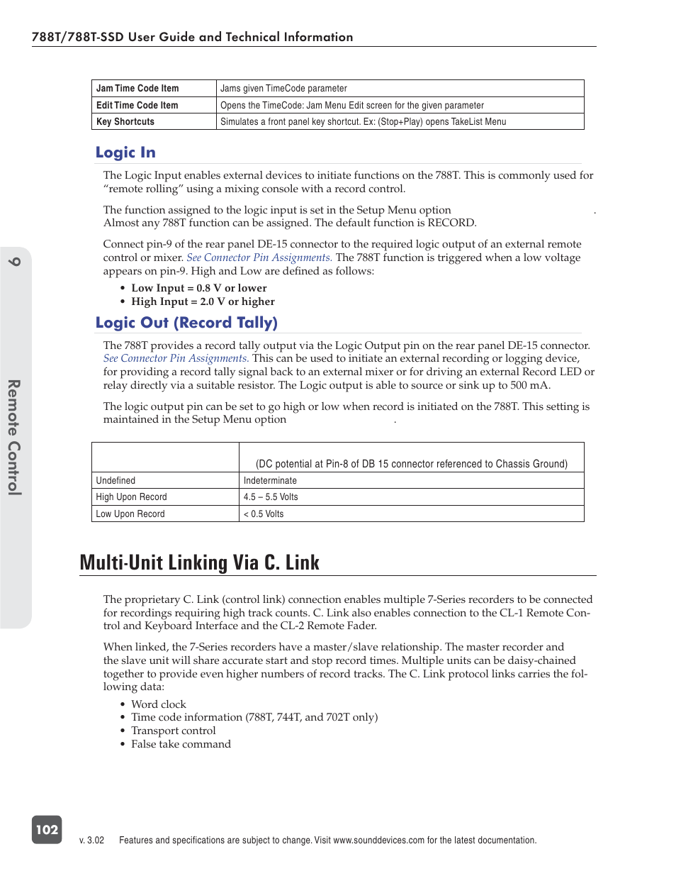 Multi-unit linking via c. link, Remote control 9, Logic in | Logic out (record tally) | Sound Devices 788T User Manual | Page 110 / 180
